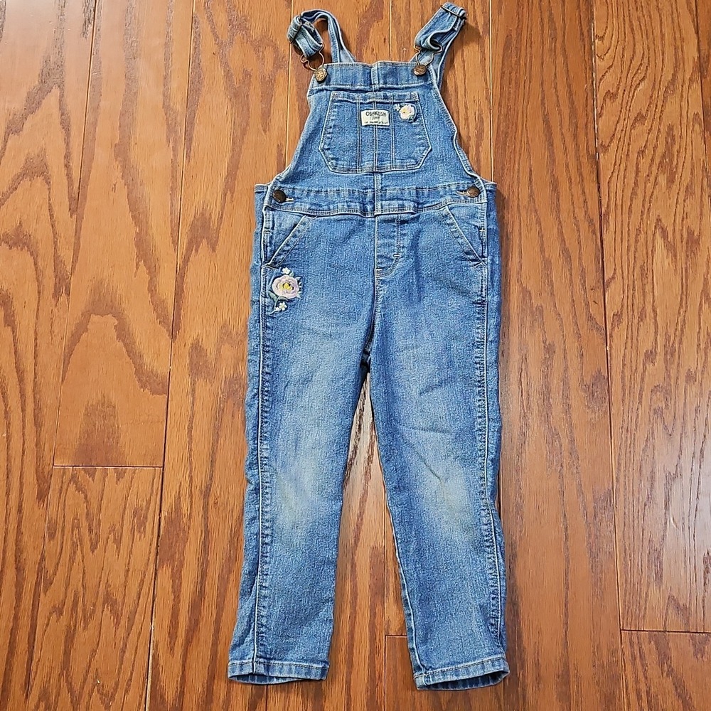 Vintage OshKosh B'Gosh Kids Overalls Size 4T Blue Denim Floral Embroidery